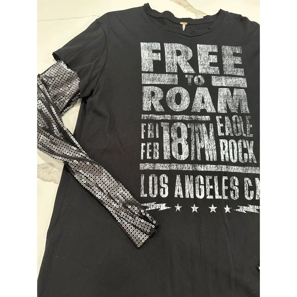 Free People Free‎ To Roam Sequin Sleeve Graphic Tee Black Rock Concert Shirt S
